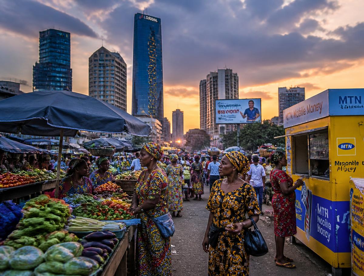 Marché animé et skyline d'Abidjan au crépuscule